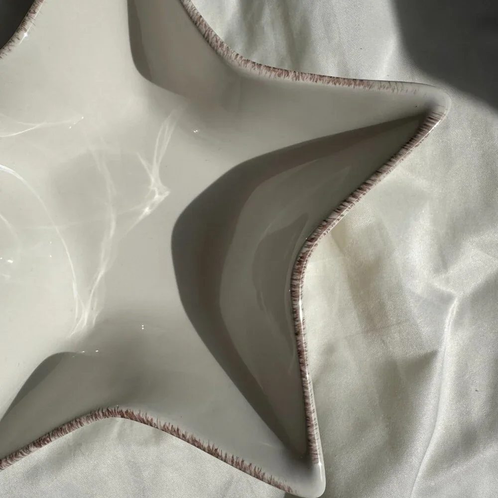 EUC, Pottery Barn Star Shape Serving Dish, Ceramic, Cream with Brown Trim, 7 in.